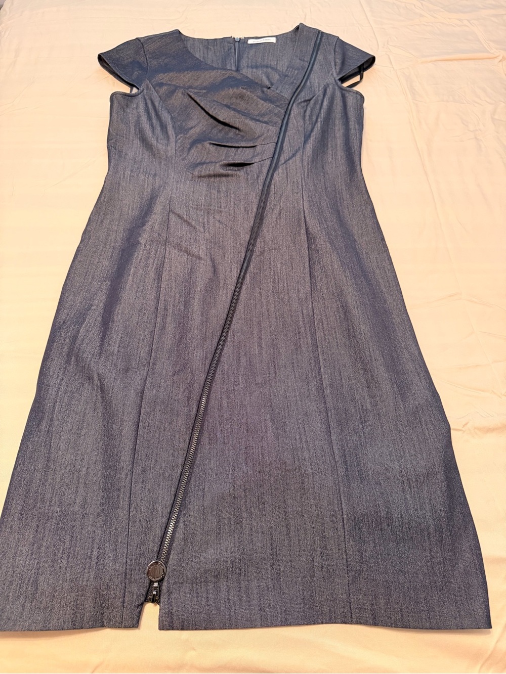 Calvin Klein Metallic Denim Asymmetric Zip Dress
